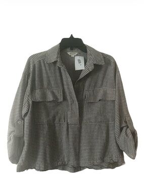Max Studio Minicheck Roll-Sleeve Tab Linen Blend Top NWT • Size Small